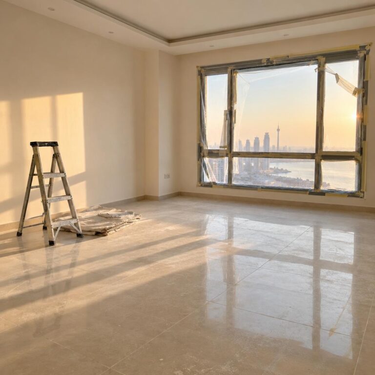 صالة شقة في الكويت بأرضية بورسلان جديدة عليها غبار ناعم وإطار نافذة ما زال عليه غلاف حماية وشريط لاصق